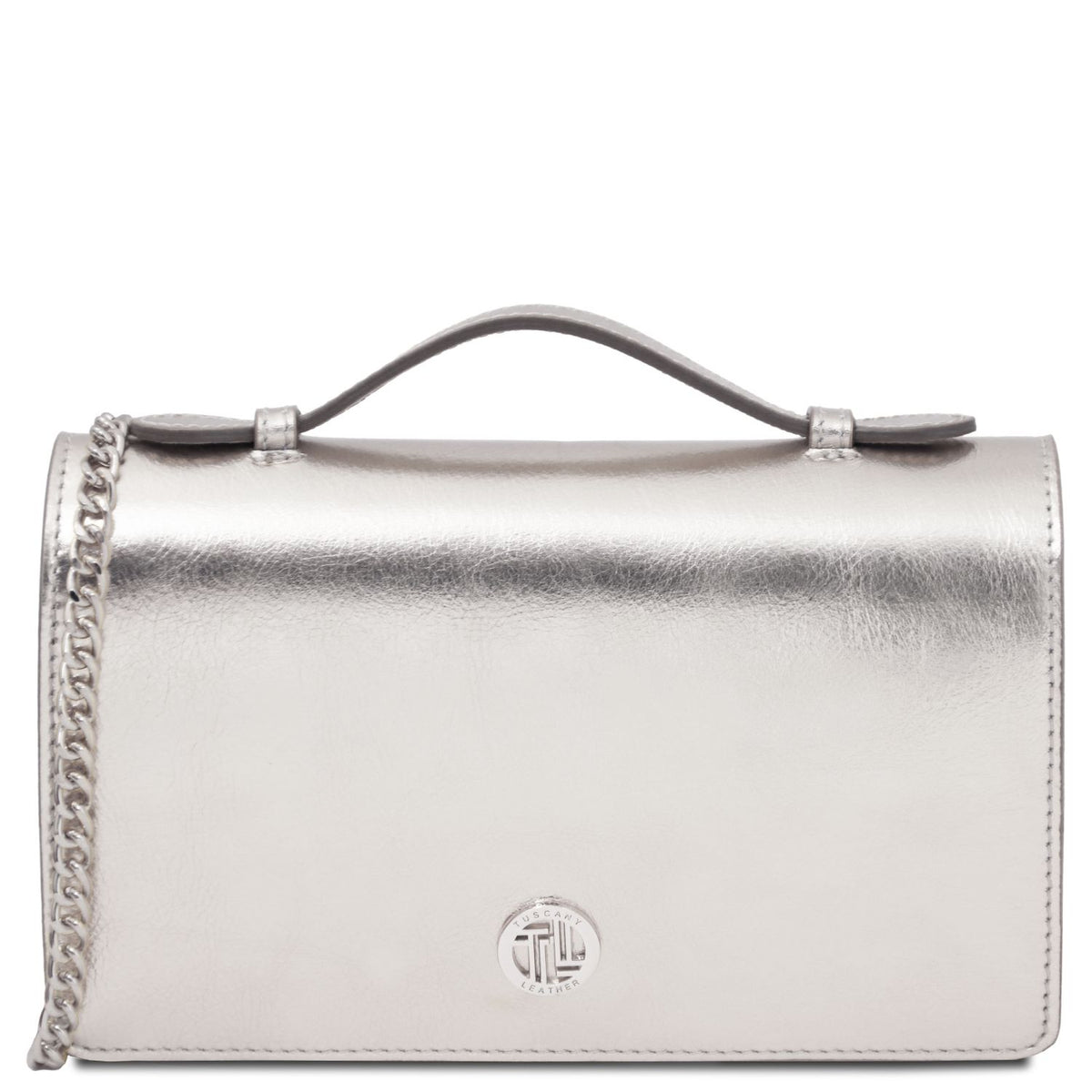 Opera - metallic leather clutch bag with chain