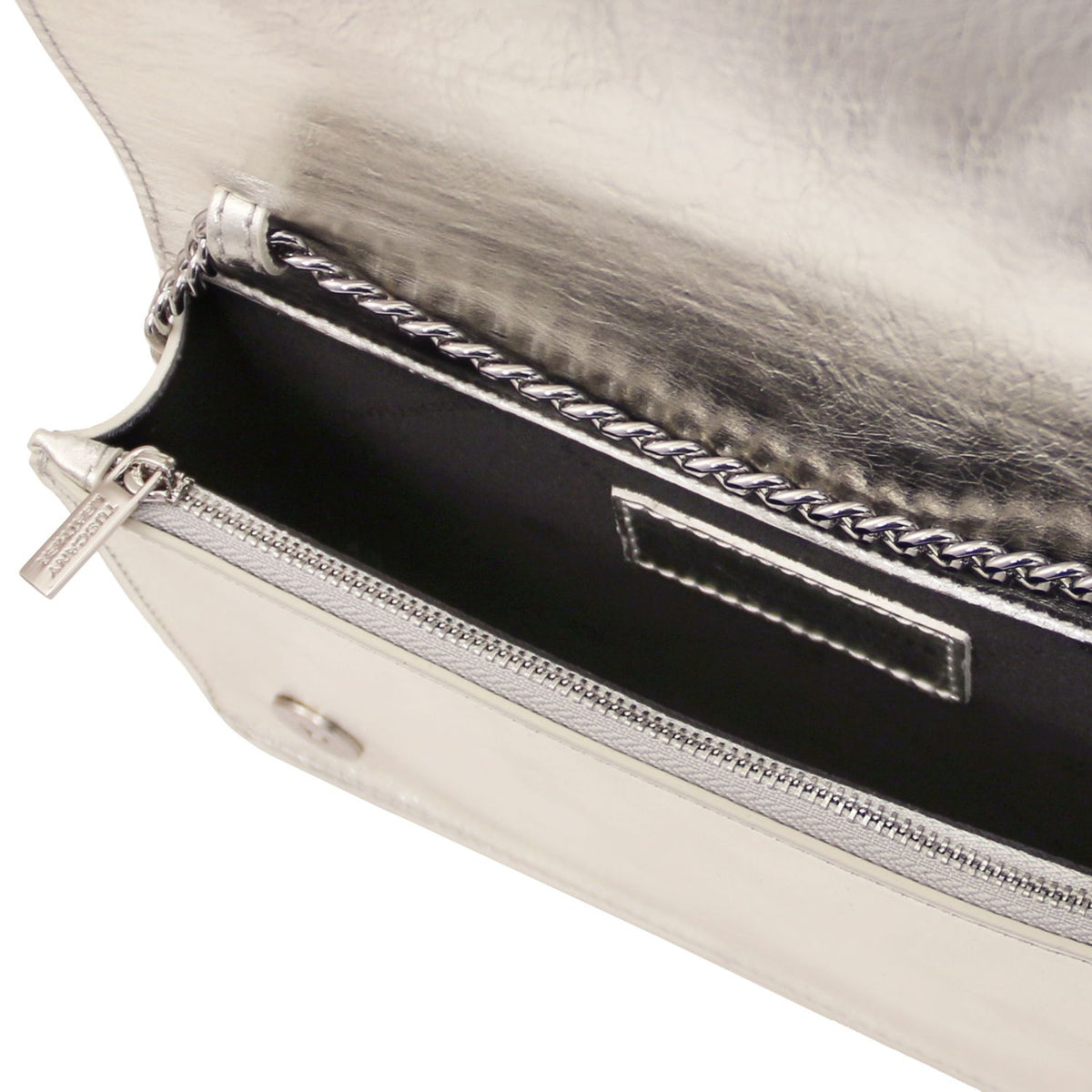 Opera - metallic leather clutch bag with chain